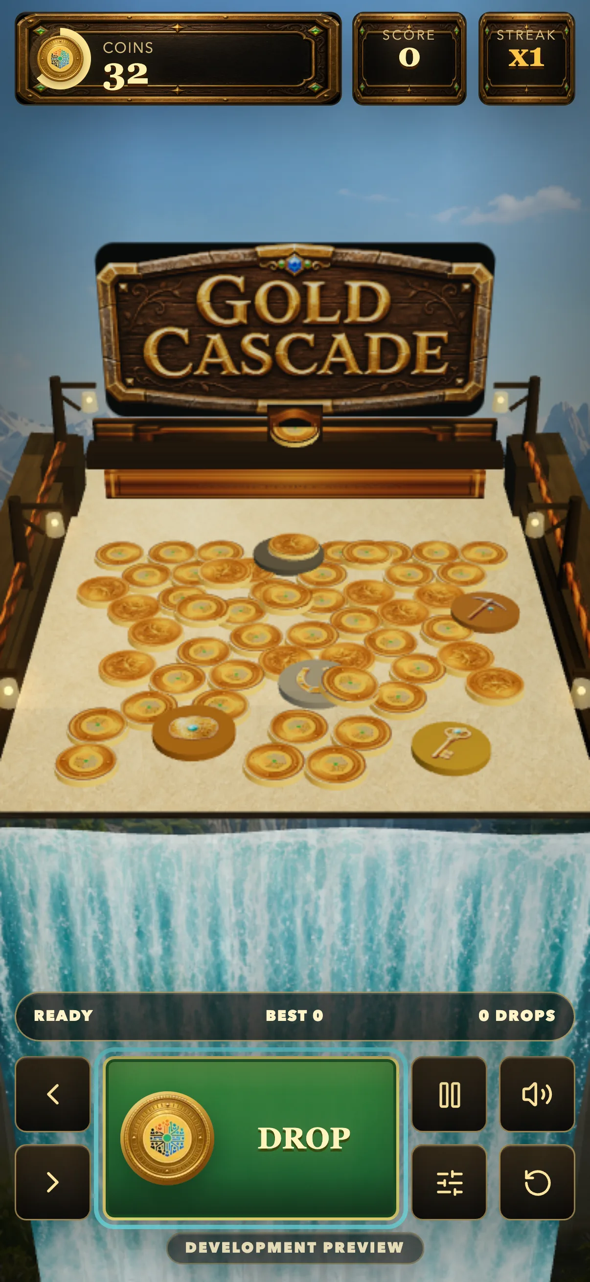Gold Cascade mobile gameplay with toy coins, waterfall controls, and the drop button.