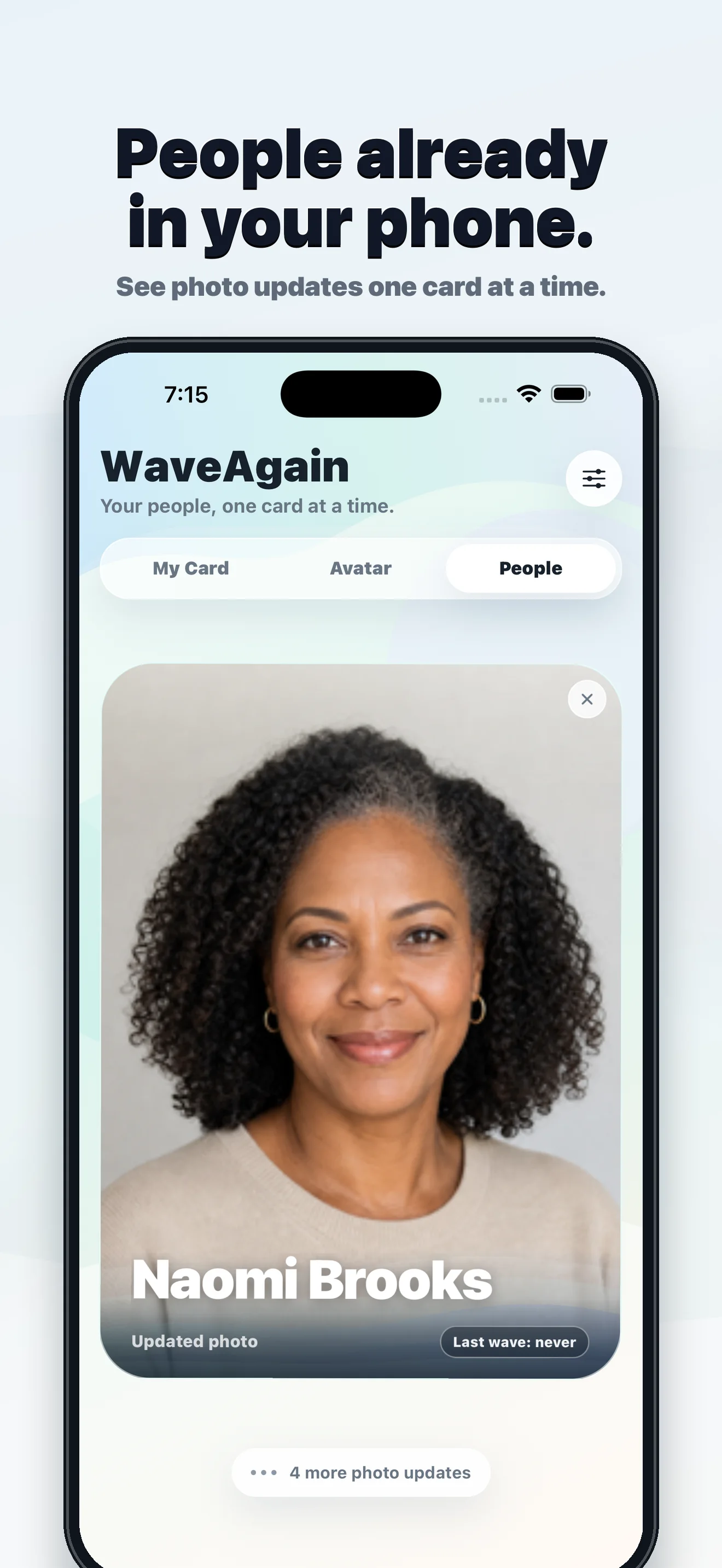 WaveAgain People view showing a fictional contact card