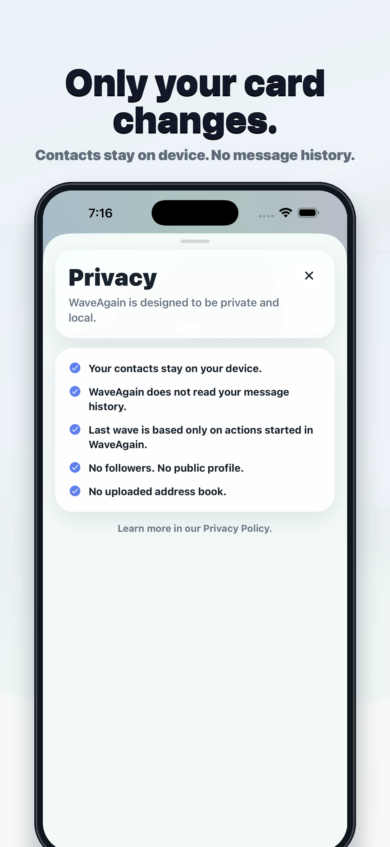 WaveAgain privacy screen explaining its on-device boundaries